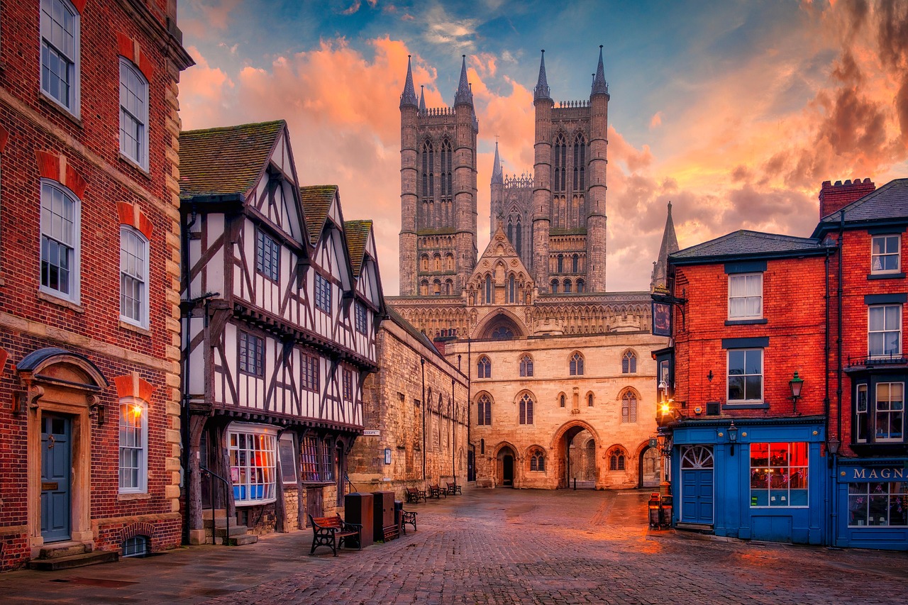 Lincoln Cathedral above the cobbled market square at sunset